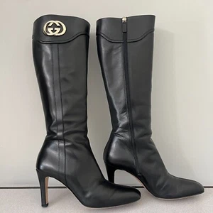 GUCCI Boots. Womens Black leather high heel with Gold GG logo Size 9.5B - Picture 1 of 20
