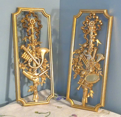 Homco Syroco MCM 金色音乐乐器墙面装饰塑料 2 件 14 英寸 X 5.5 英寸二手状况完好 — 第 1/4 张图片