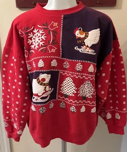 VTG Spumoni XMAS Holiday Sweatshirt Double Sided Print M USA Chicken Sheep CUTE - Picture 1 of 20
