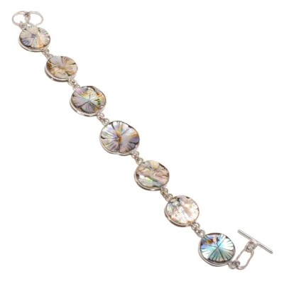 Peacock Color Mother of Pearl Gemstone Unique Handmade Engraved Flower Bracelet - Image 1 of 3