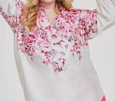 Anne Klein Women's White Floral Ruffle Neck Smocked Cuff Blouse Plus Size 3X Foto 1 de 2