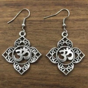 OHM EARRINGS Lotus Filigree Square Yoga Hindu Symbol Om Aum Buddha Drop Dangle - Picture 1 of 3