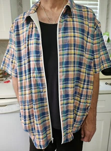 VINTAGE Madras Frottee Tuch gefüttert Cabana Shirt mit durchgehendem Reißverschluss Jacke Gr. L - Bild 1 von 8