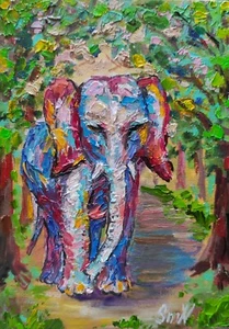 Original Art Pink Elephant Oil Painting Animal Portrait Jungle Artwork OOAK 5x7 - Picture 1 of 12