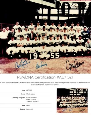 Carl Erskine, Clem Labine + Johnny Podres Signed 1955 Dodgers 8x10 photo PSA/DNA - Image 1 of 2