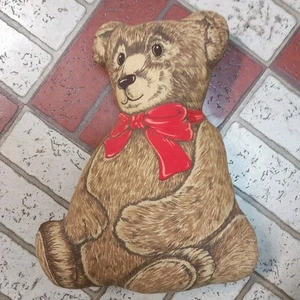 Vintage handgefertigter brauner Teddybär Plüsch 12 Zoll Kissen mit großer roter Schleife - Bild 1 von 3