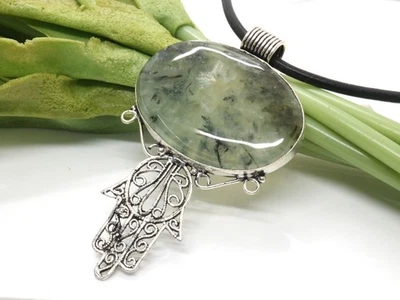 GJ69 GW MOOS ACHAT *HAMSA HAND* SILBER-ANHÄNGER XXL +*TOP* +KETTE / LEDER! - Bild 1 von 3