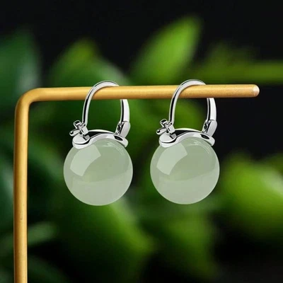 Round Green Jade Ball Drop Earrings Silver Secure Clasp Classic Stylish Fashion - Image 1 of 4