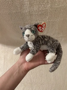 TY BEANIE BABY PURR - GREY & WHITE CAT RETIRED WITH TAGS SOFT TOY PLUSH - Picture 1 of 9