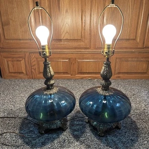 Schöne Vintage blaue Glas Hollywood Regency Mid Century Lampe Arbeit Set 2 Globus - Bild 1 von 11