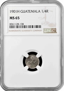 Guatemala 1/4 real 1901 H, NGC MS65, "Real (1838 - 1912)" Cu-Ni coin - Picture 1 of 2