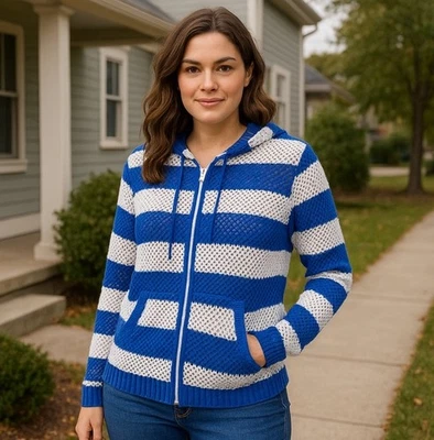 Quacker Factory Womens XL Mesh Hoodie Blue White Striped Zip Up Knit Top - Image 1 of 4