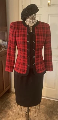 Vintage Leslie Fay HOLIDAY PLAID RED 2 Piece Suit Jacket & Skirt 8  - Image 1 of 4