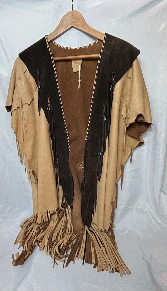 Chaleco de Cuero Original Azul Gorro Rosa Flecos Turquesa Cuentas Boho Western Foto 1 de 4