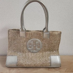 Tory Burch Raffia Tote Bag Gold Metallic Color Leather Hand metallic straw USED - Picture 1 of 11