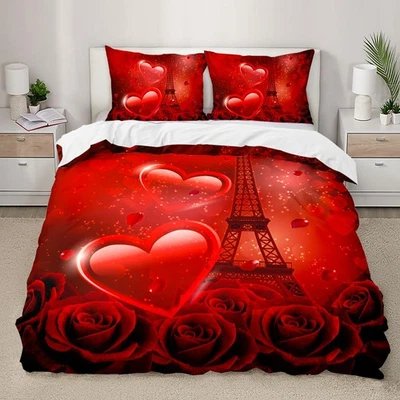 Hearts Love Duvet Cover Set Queen Size,3D Red Rose Bedding Set,Eiffel Tower D... - Photo 1/4