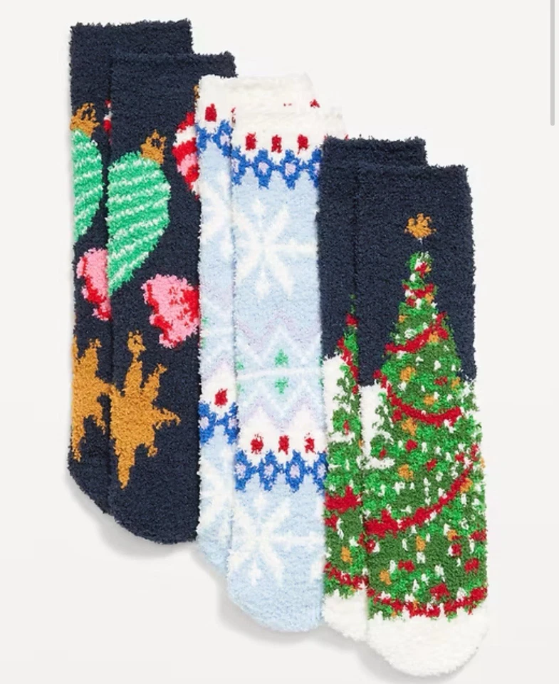 圣诞袜女式旧海军蓝均码全新带标签 3 双模糊柔软 — 第 1/1 张图片