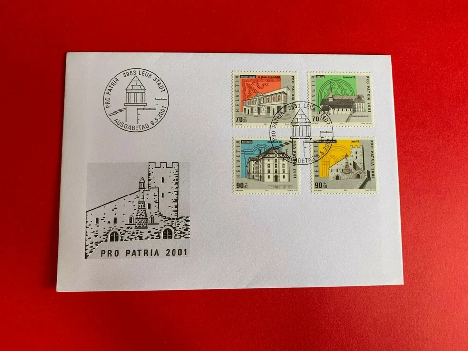 SWITZERLAND HELVETIA 2001 FDC LANDMARKS ABBEY CASTLE THEATRE GRANARY LEUK - Image 1 of 1