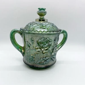 Vintage Imperialglas offene Rose Zuckerschale grün Karnevalsglas doppelgriffig LESEN - Bild 1 von 6
