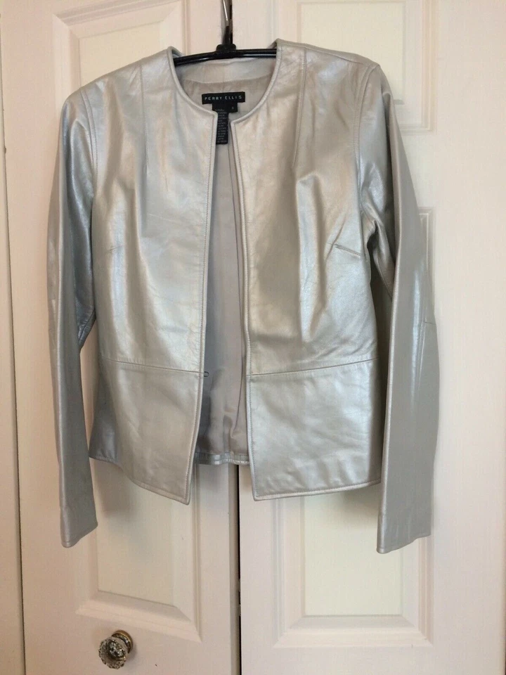 "Chaqueta de cuero plateada Perry Ellis para mujer Pit-pit 18"" longitud 23""" Foto 1 de 4
