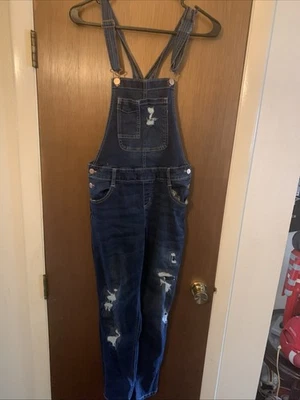 Justice Jeans 18 Mid Rise  Skinny Bib Overalls Blue Jeans Distressed Lace - Image 1 of 3