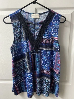 Bobbie Brooks Tank Top Womens Large Black Boho Quilt Look Jersey Swing Lace Trim - Image 1 of 4