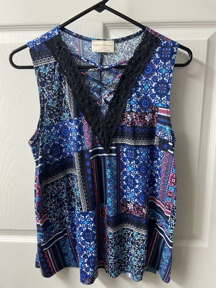 Bobbie Brooks Tank Top Womens Large Black Boho Quilt Look Jersey Swing Lace Trim - Image 1 of 4
