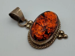 Vintage Amber Orange Chunky Oval Pendant Sterling Silver 925 Mexico - Picture 1 of 7