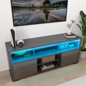 Glossy TV Stand with LED Lights Open Shelves Cabinet For 45 to 55 In TVs Console - Picture 1 of 10