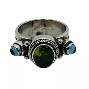 Bali Style 925 Sterling Silver Natural Peridot & Blue Topaz Ring 7.75 - Picture 1 of 9