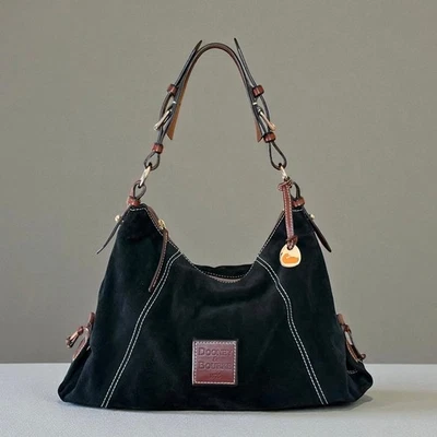 Dooney & Bourke Black Suede Brown Leather Trim Slouchy Large Hobo Shoulder Bag  - Image 1 of 4