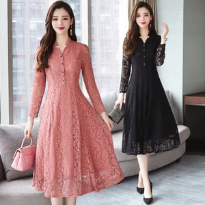 Lady Midi Lace Dresses Button Long Sleeve High Waist Office Workwear Casual Chic - Picture 1 of 14