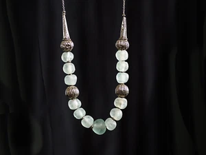 A Necklace of Aqua Blue Krobo Glass and Antique Ethiopian Muria Silver Wedding B - Picture 1 of 8