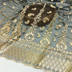 Shiny Lace Mesh Fabric Gold Floral Embroidery Scalloped Dresses Costume Curtains - Picture 1 of 5