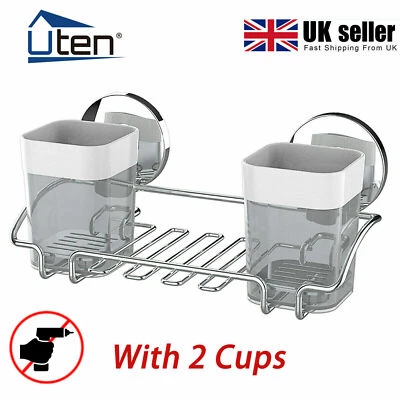 Bathroom Suction Cup Toothbrush Tumbler Holder Silver Wall Mounted Accessory Set - Image 1 of 4