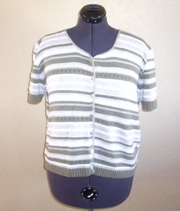 Damenmode Bug gestreift salbeigrün, hellbraun & weiß Cardigan Pullover Large - Bild 1 von 2