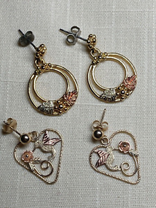 2 Pair  Black Hills Gold Stud Earrings Leaf Circles & Hummingbird Rose 10K CCO