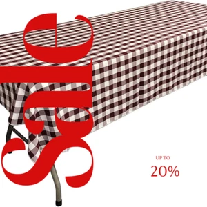 Polyester Poplin Gingham Checkered Rectangular Tablecloth (White & Burgundy, - Picture 1 of 2