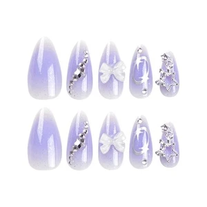Purple Almond False Nail with Bowknot Decor Silver Star Fake Nail Gradient Nail  - Picture 1 of 7