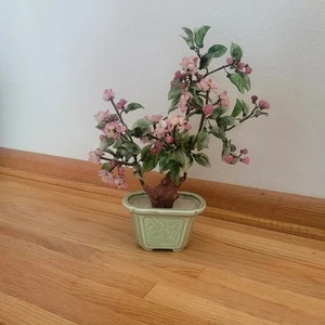 Vintage Chinese Glass Stone Jade Cherry Blossom Bonsai Tree Pink Flowers 14" - Picture 1 of 12
