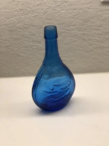 9.5" X 5" Cerulean Blue Union Bottle w/ Scalloped Neck Clasped Hands, Birds - Picture 1 of 8