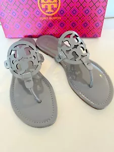 NIB TORY BURCH MILLER PATENT LEATHER SANDALS SLIDES MALTA GREY 9 W DUST BAG - Picture 1 of 7