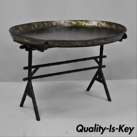 19th C. English Victorian Leather Tole Tray Coffee Table on Faux Bamboo Base Cover
