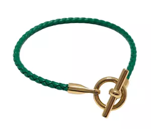 Authentic Hermes Leather Bracelet Grennan Green GP gold From Japan - Picture 1 of 7