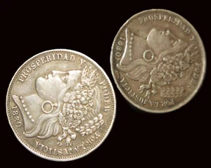 HERMOSO PAR DE GEMELOS CAMISEROS HECHOS CON MONEDAS DE PLATA PERU PESETA 1880 - Imagen 1 de 3