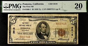 1929 $5 National Bank Pomona, California CH# 3518 PMG 20 rare 12 examples known - Picture 1 of 3