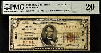 1929 $5 National Bank Pomona, California CH# 3518 PMG 20 rare 12 examples known - Image 1 of 3