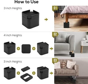 KAKICLAY Adjustable Bed Risers (3-4") Bed Lifts Furniture Raisers up to 1500 lbs