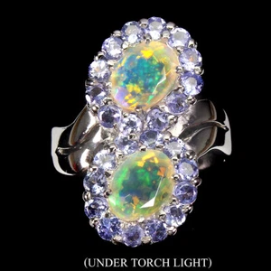 925 Anello Argento Sterling Ovale Opale di Fuoco Flash 8x6mm Tanzanite Gemma - Foto 1 di 10