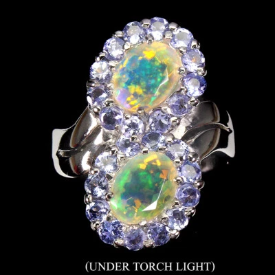 925 Anello Argento Sterling Ovale Opale di Fuoco Flash 8x6mm Tanzanite Gemma - Immagine 1 di 4